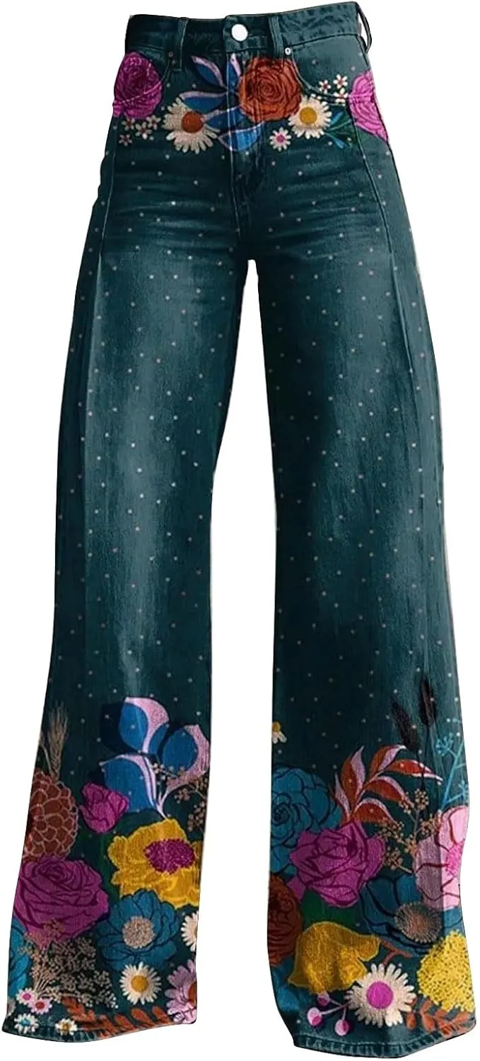 Straight Loose Cargo Pants Women High Waist Casual Trendy Wide Leg Trousers Vintage Print Pants Halloween Hippie Pants