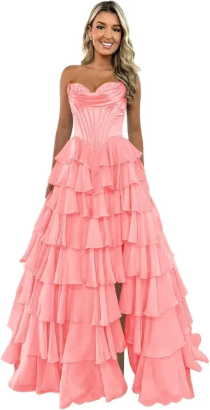 Strapless Corset Prom Dresses 2025 Tiered Ruffle for Teens - Long Chiffon Formal Evening Gown with Slit
