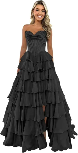 Strapless Corset Prom Dresses 2025 Tiered Ruffle for Teens - Long Chiffon Formal Evening Gown with Slit