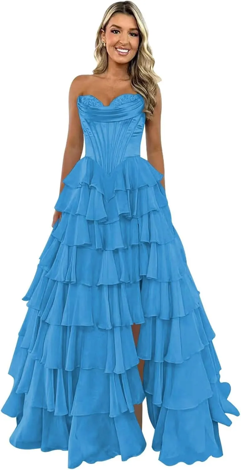 Strapless Corset Prom Dresses 2025 Tiered Ruffle for Teens - Long Chiffon Formal Evening Gown with Slit