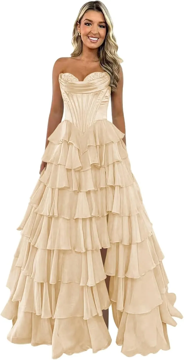 Strapless Corset Prom Dresses 2025 Tiered Ruffle for Teens - Long Chiffon Formal Evening Gown with Slit