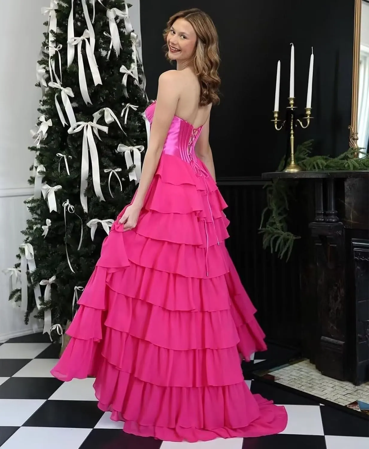 Strapless Corset Prom Dresses 2025 Tiered Ruffle for Teens - Long Chiffon Formal Evening Gown with Slit