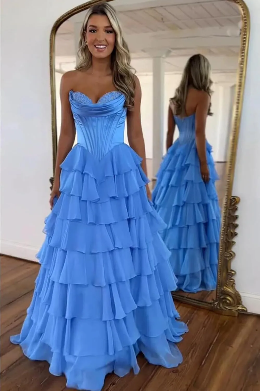Strapless Corset Prom Dresses 2025 Tiered Ruffle for Teens - Long Chiffon Formal Evening Gown with Slit