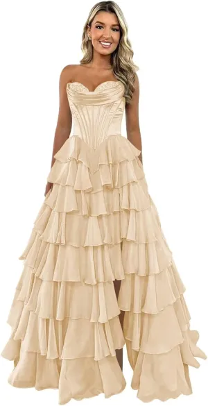 Strapless Corset Prom Dresses 2025 Tiered Ruffle for Teens - Long Chiffon Formal Evening Gown with Slit