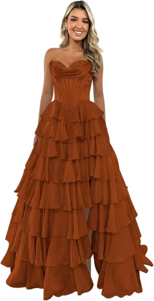 Strapless Corset Prom Dresses 2025 Tiered Ruffle for Teens - Long Chiffon Formal Evening Gown with Slit