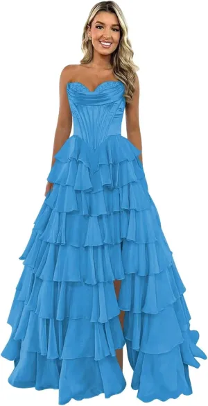 Strapless Corset Prom Dresses 2025 Tiered Ruffle for Teens - Long Chiffon Formal Evening Gown with Slit
