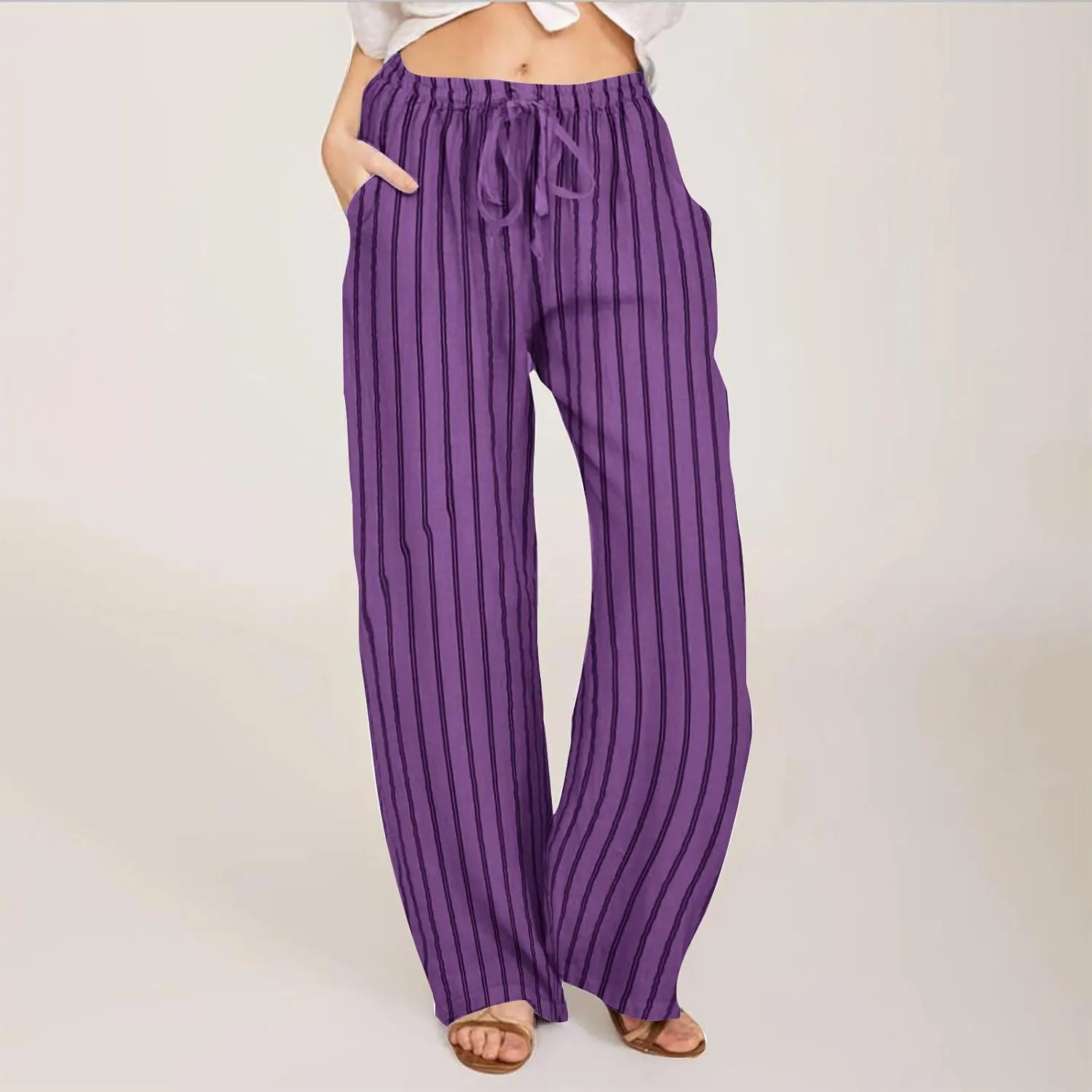 Striped Pants Women Drawstring Wide Leg Trousers Comfy Lounge Pants Trendy Beach Pants Loose Casual Pants with Pocket