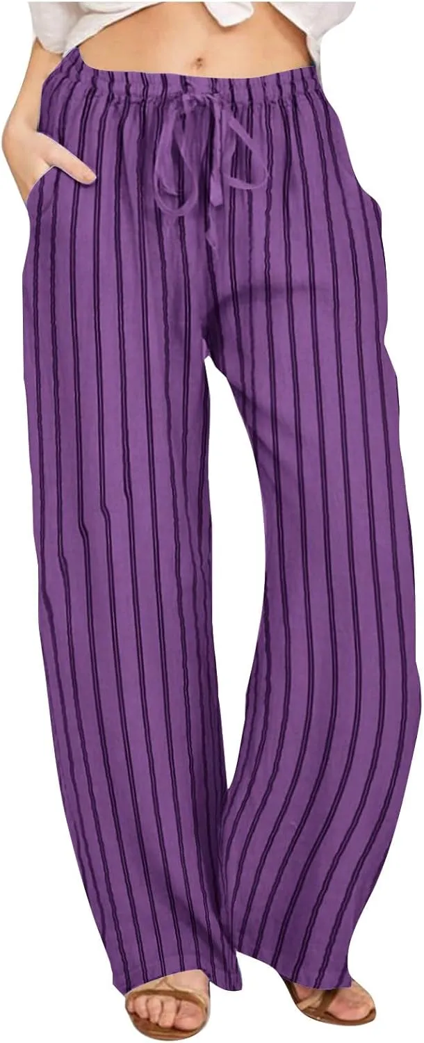 Striped Pants Women Drawstring Wide Leg Trousers Comfy Lounge Pants Trendy Beach Pants Loose Casual Pants with Pocket