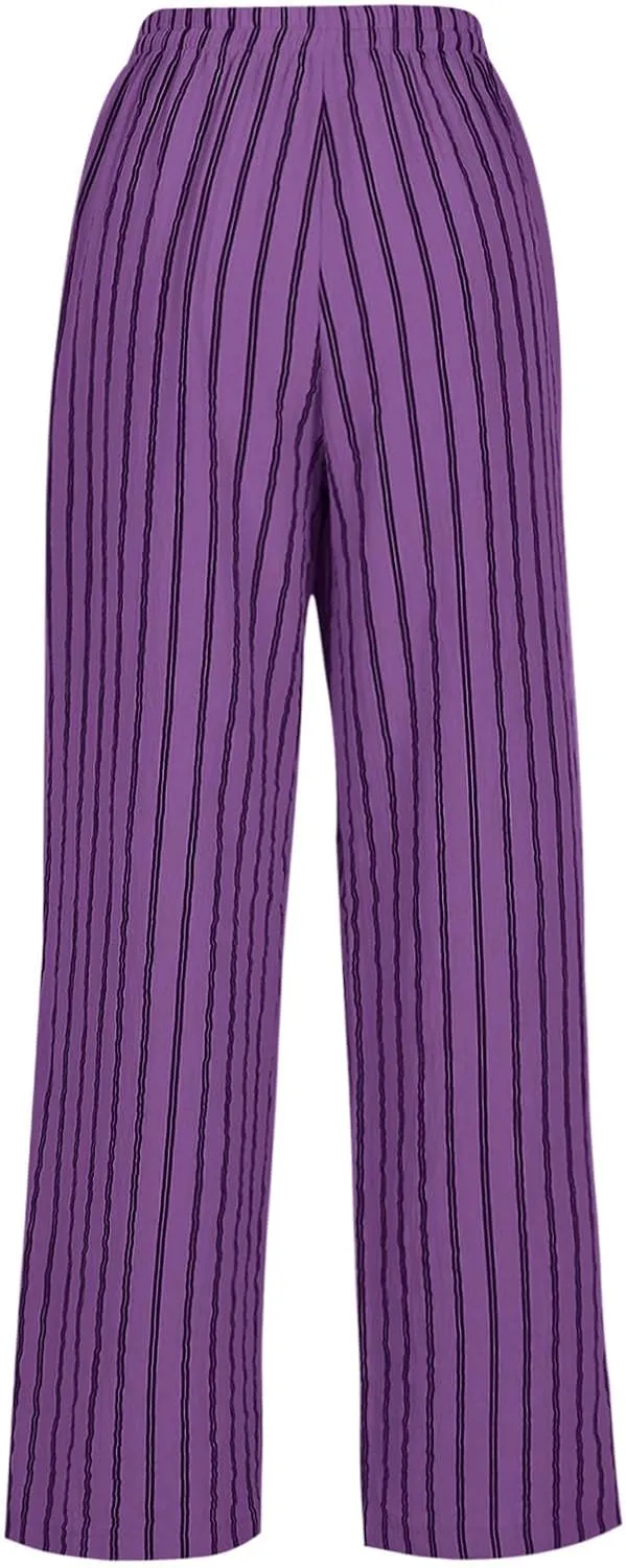 Striped Pants Women Drawstring Wide Leg Trousers Comfy Lounge Pants Trendy Beach Pants Loose Casual Pants with Pocket