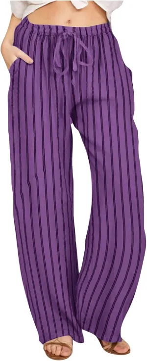 Striped Pants Women Drawstring Wide Leg Trousers Comfy Lounge Pants Trendy Beach Pants Loose Casual Pants with Pocket