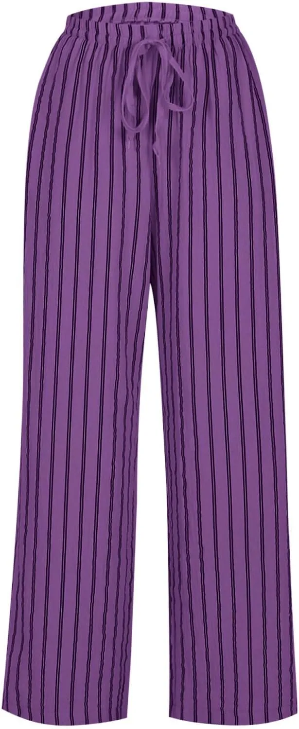 Striped Pants Women Drawstring Wide Leg Trousers Comfy Lounge Pants Trendy Beach Pants Loose Casual Pants with Pocket