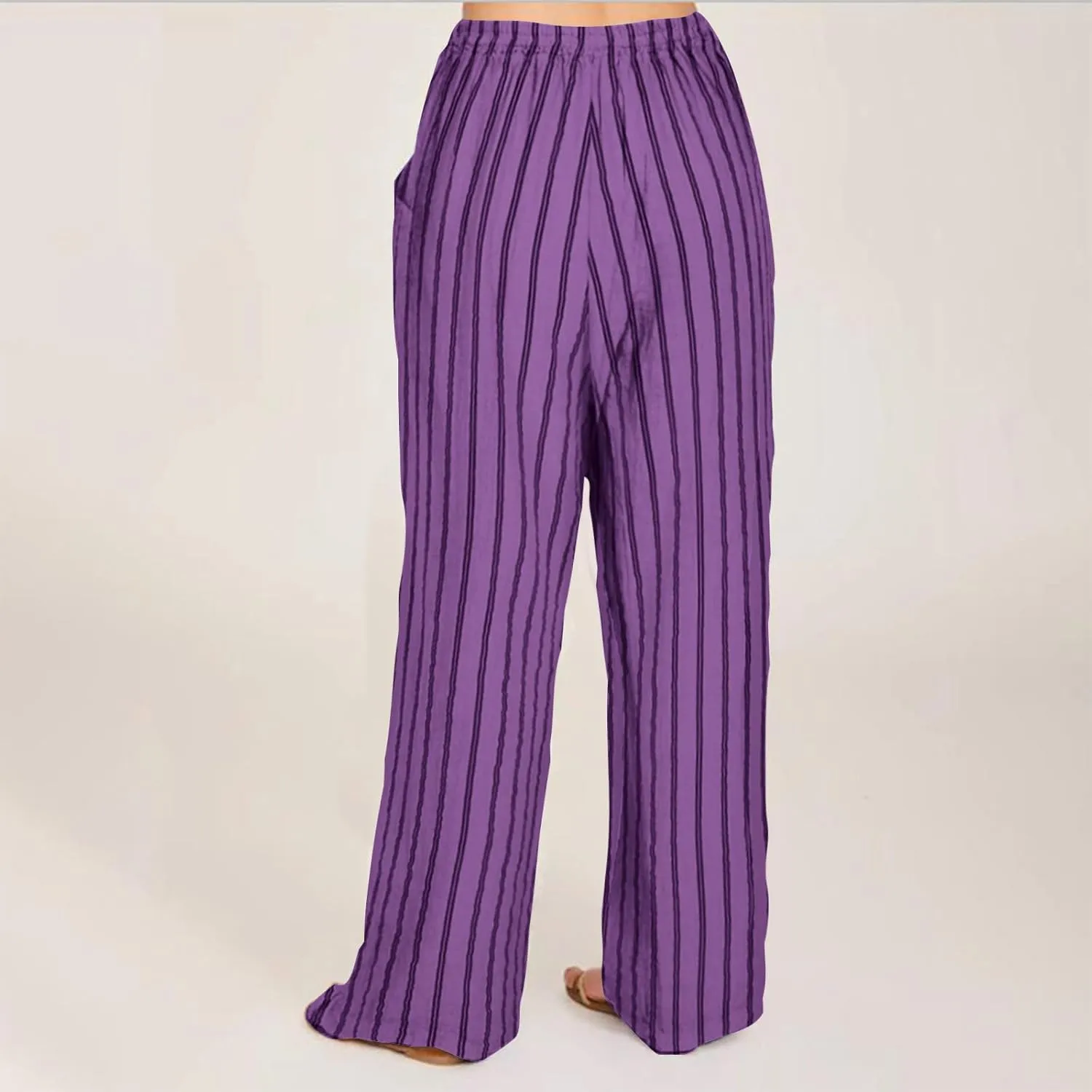 Striped Pants Women Drawstring Wide Leg Trousers Comfy Lounge Pants Trendy Beach Pants Loose Casual Pants with Pocket