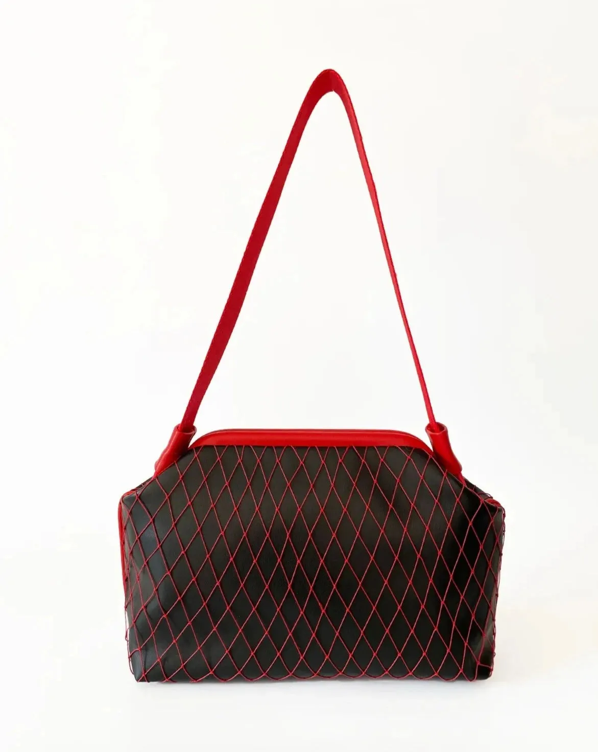 Stylish Black Faux Leather Handbag with Red Mesh Detailing