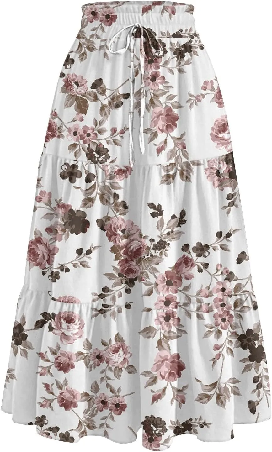 Summer Boho Floral Midi Skirt for Women Comfy Tiered Elastic High Waisted Vacation A-Line Flowy Swing Long