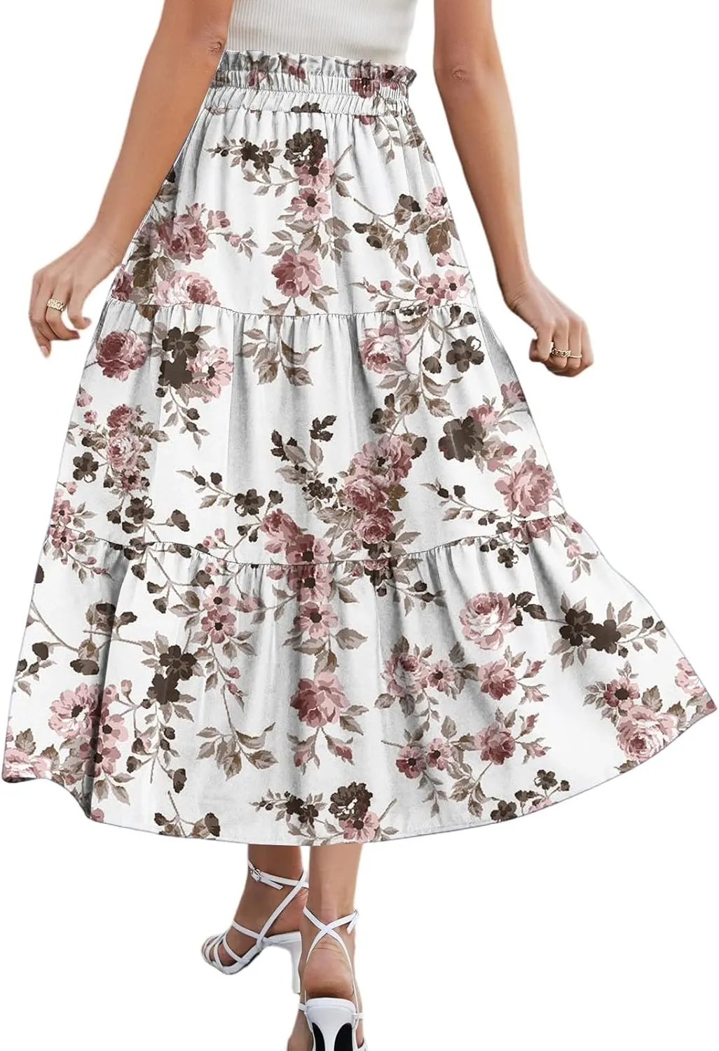 Summer Boho Floral Midi Skirt for Women Comfy Tiered Elastic High Waisted Vacation A-Line Flowy Swing Long