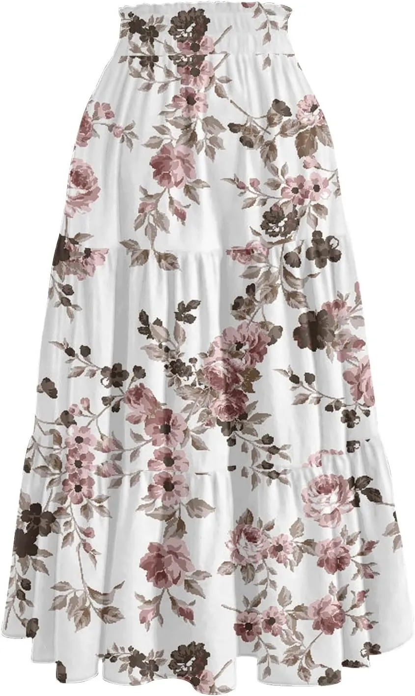 Summer Boho Floral Midi Skirt for Women Comfy Tiered Elastic High Waisted Vacation A-Line Flowy Swing Long