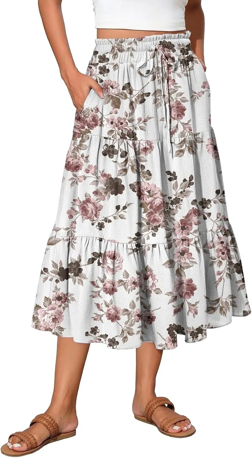 Summer Boho Floral Midi Skirt for Women Comfy Tiered Elastic High Waisted Vacation A-Line Flowy Swing Long