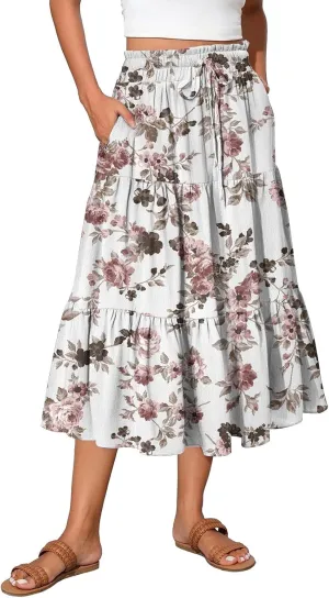 Summer Boho Floral Midi Skirt for Women Comfy Tiered Elastic High Waisted Vacation A-Line Flowy Swing Long