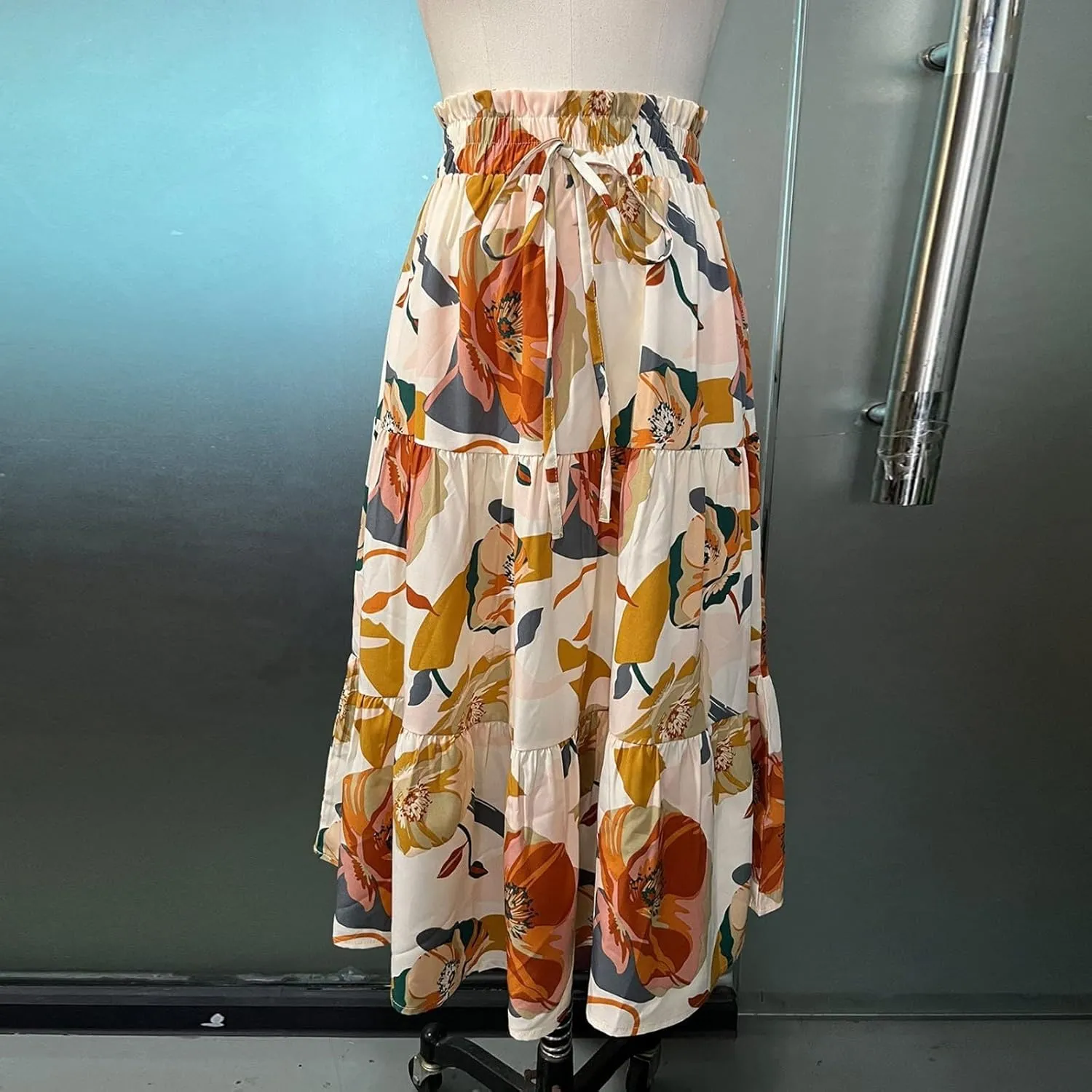 Summer Boho Floral Midi Skirt for Women Comfy Tiered Elastic High Waisted Vacation A-Line Flowy Swing Long