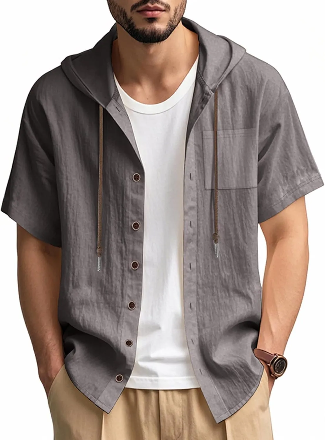 Summer Casual Shirts Men Short Sleeve Hoodies Cotton Linen Button Down Tops Loose Casual Shirts Trendy Travel Shirts