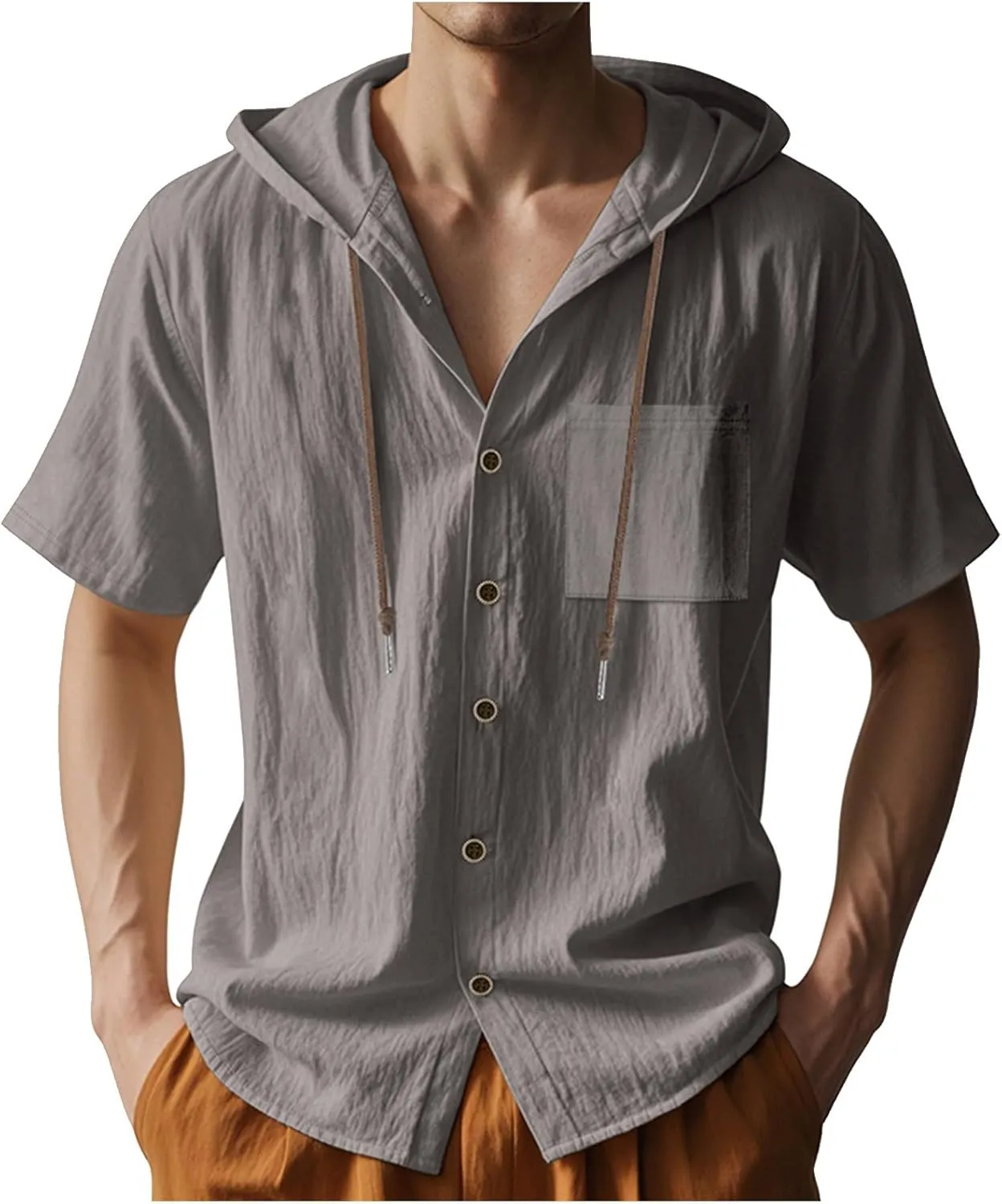 Summer Casual Shirts Men Short Sleeve Hoodies Cotton Linen Button Down Tops Loose Casual Shirts Trendy Travel Shirts