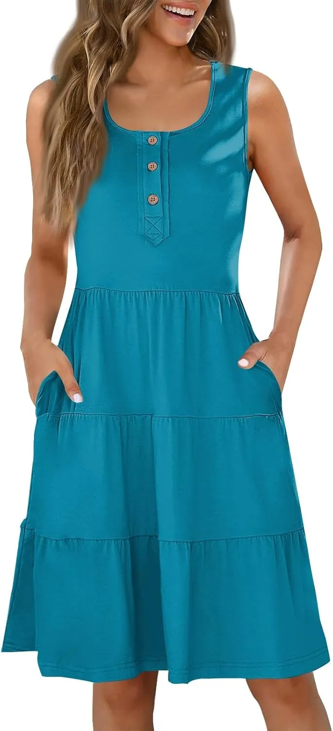 Summer Dresses for Women 2025 Beach Vacation Crewneck Casual Sleeveless Tank Dress Midi Hawaiian Boho Sundresses