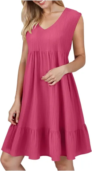 Summer Dresses for Women 2025 Casual Vacation Sleeveless V Neck Mini Tank Dress Pleated Ruffle Flowy A Line Beach Sundresses