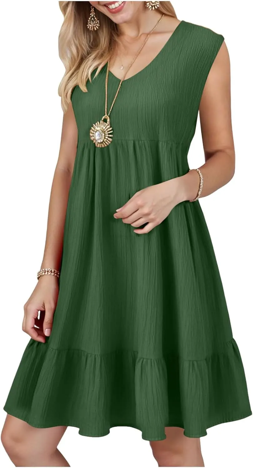 Summer Dresses for Women 2025 Casual Vacation Sleeveless V Neck Mini Tank Dress Pleated Ruffle Flowy A Line Beach Sundresses