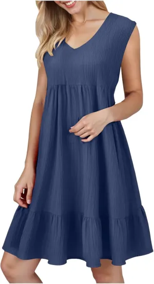 Summer Dresses for Women 2025 Casual Vacation Sleeveless V Neck Mini Tank Dress Pleated Ruffle Flowy A Line Beach Sundresses