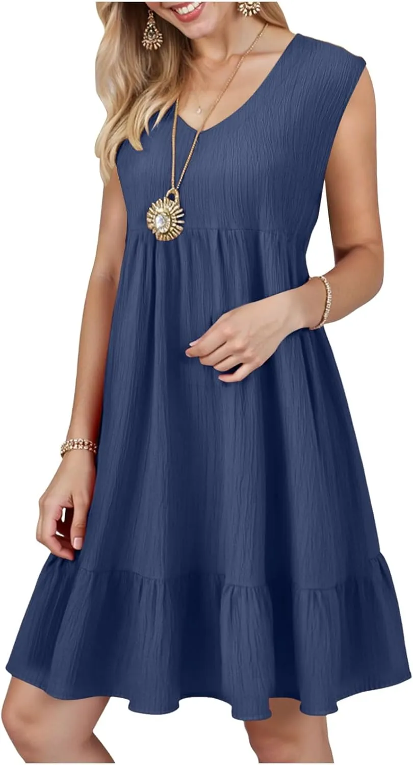 Summer Dresses for Women 2025 Casual Vacation Sleeveless V Neck Mini Tank Dress Pleated Ruffle Flowy A Line Beach Sundresses