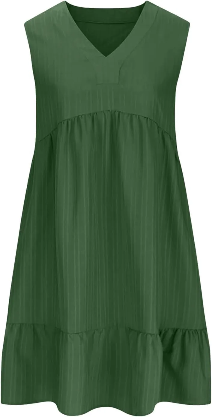 Summer Dresses for Women 2025 Casual Vacation Sleeveless V Neck Mini Tank Dress Pleated Ruffle Flowy A Line Beach Sundresses