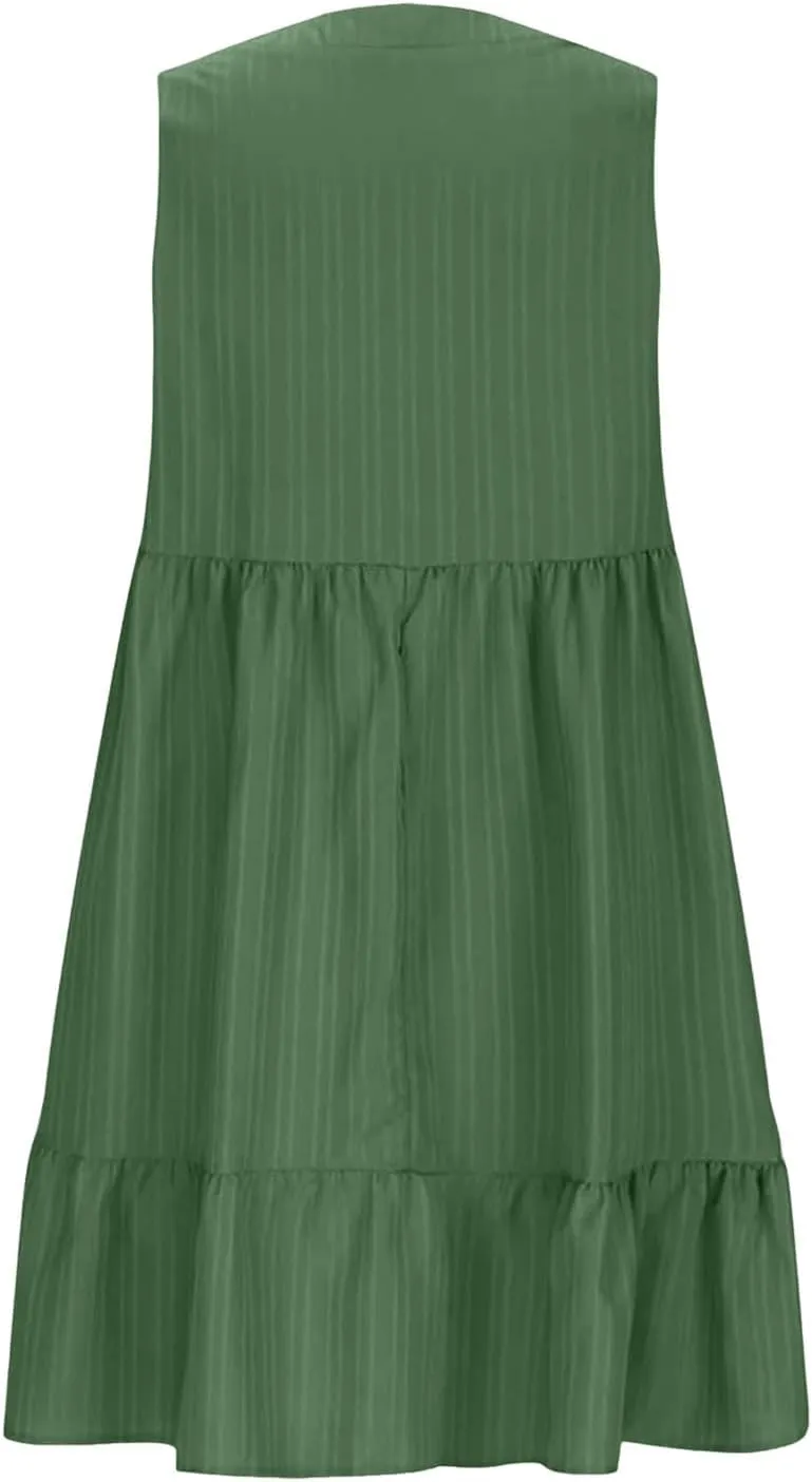 Summer Dresses for Women 2025 Casual Vacation Sleeveless V Neck Mini Tank Dress Pleated Ruffle Flowy A Line Beach Sundresses