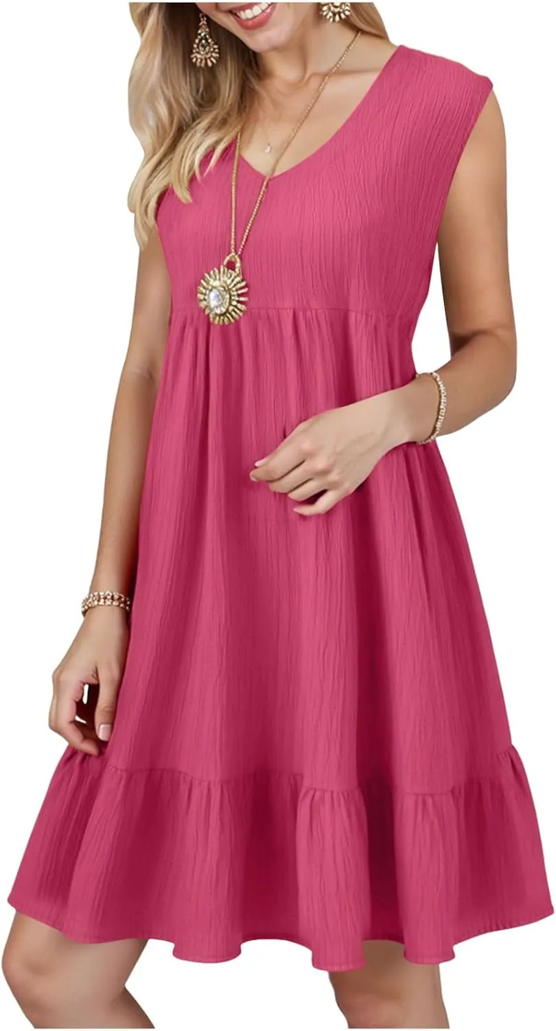 Summer Dresses for Women 2025 Casual Vacation Sleeveless V Neck Mini Tank Dress Pleated Ruffle Flowy A Line Beach Sundresses