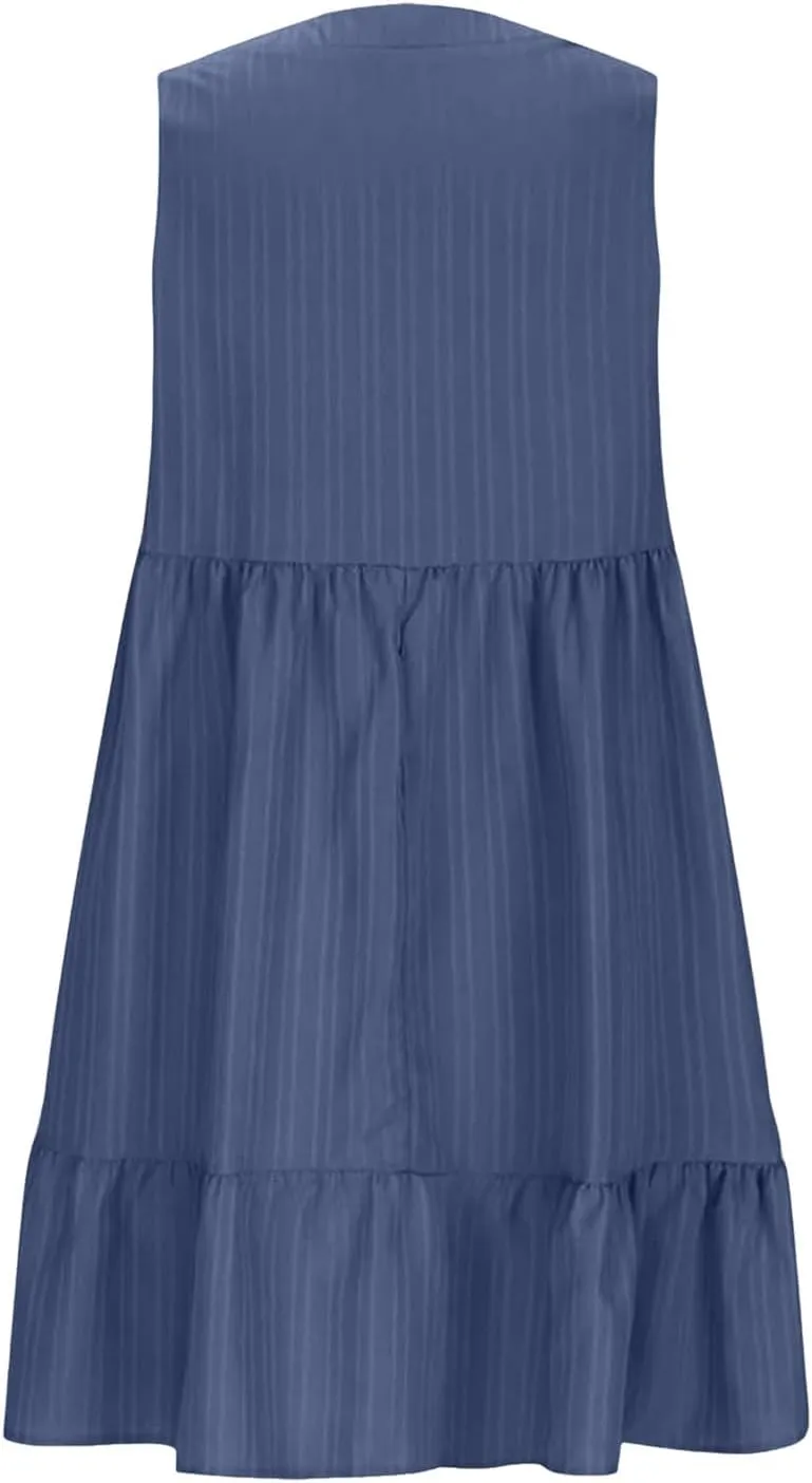 Summer Dresses for Women 2025 Casual Vacation Sleeveless V Neck Mini Tank Dress Pleated Ruffle Flowy A Line Beach Sundresses