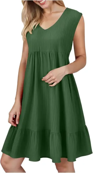 Summer Dresses for Women 2025 Casual Vacation Sleeveless V Neck Mini Tank Dress Pleated Ruffle Flowy A Line Beach Sundresses