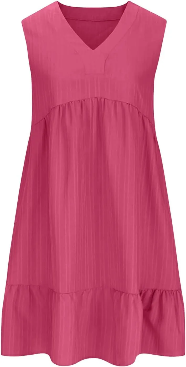Summer Dresses for Women 2025 Casual Vacation Sleeveless V Neck Mini Tank Dress Pleated Ruffle Flowy A Line Beach Sundresses