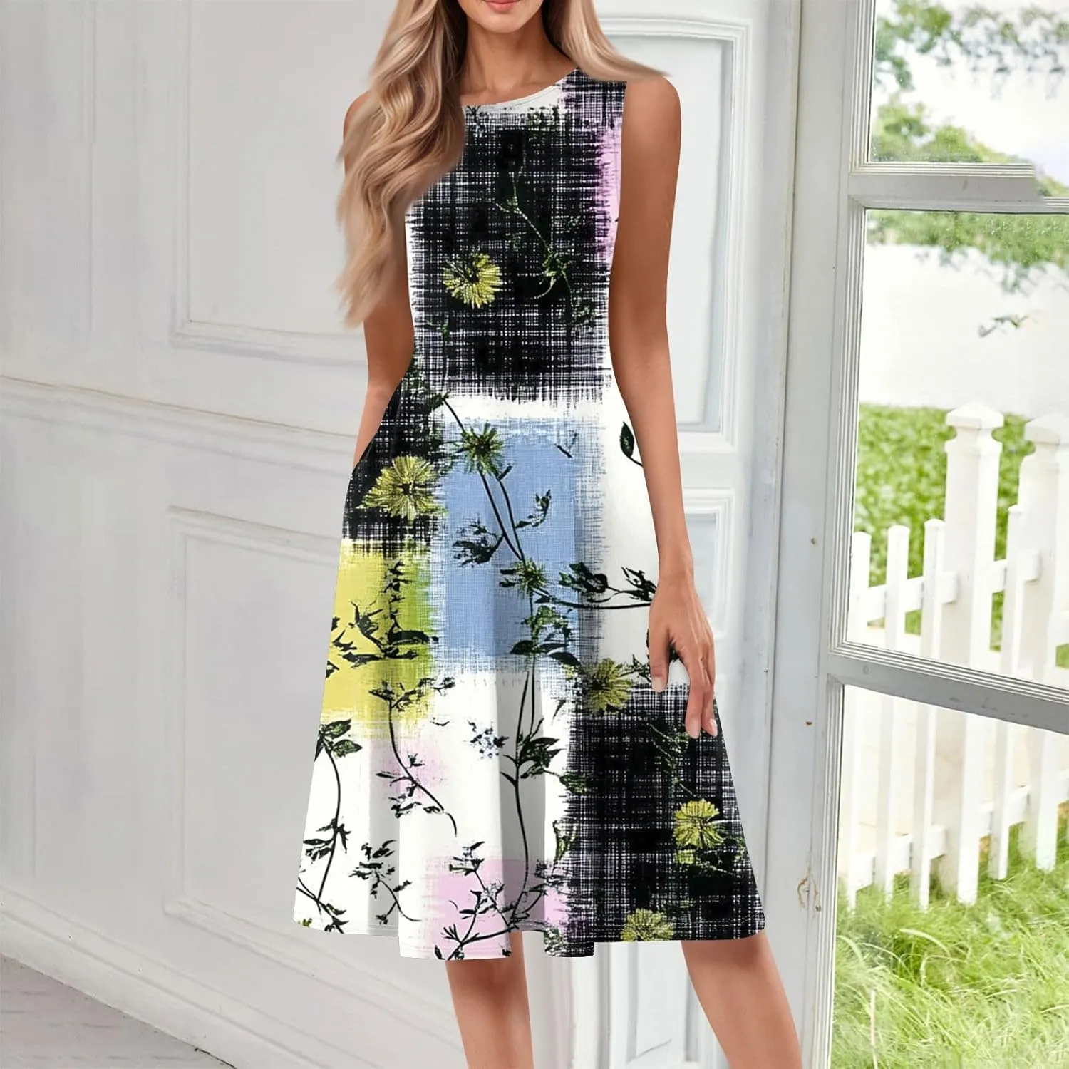 Summer Dresses for Women 2025 Midi Short Sleeve O Neck Sleeveless Dresses Beach Sundress A Line Dress with Side Pocket