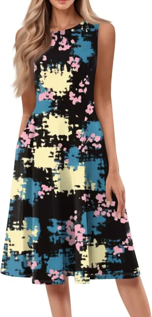 Summer Dresses for Women 2025 Midi Short Sleeve O Neck Sleeveless Dresses Beach Sundress A Line Dress with Side Pocket