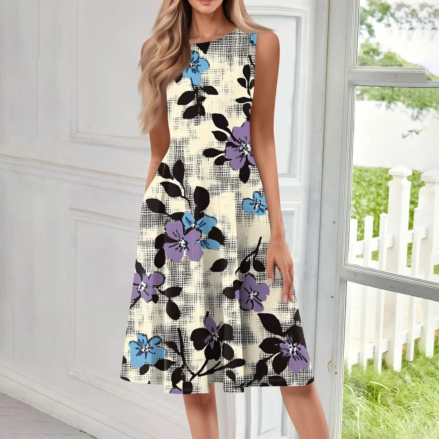 Summer Dresses for Women 2025 Midi Short Sleeve O Neck Sleeveless Dresses Beach Sundress A Line Dress with Side Pocket