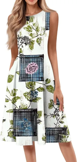 Summer Dresses for Women 2025 Midi Short Sleeve O Neck Sleeveless Dresses Beach Sundress A Line Dress with Side Pocket