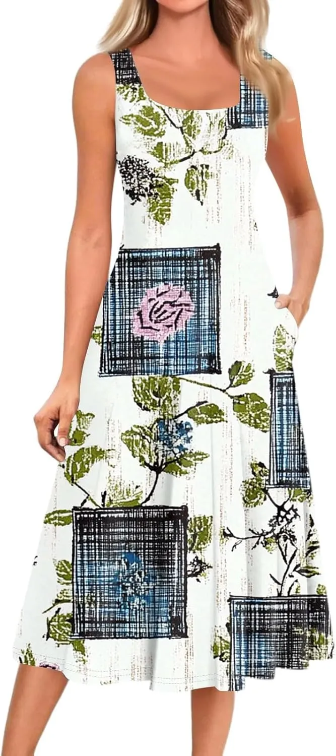 Summer Dresses for Women 2025 Midi Short Sleeve O Neck Sleeveless Dresses Beach Sundress A Line Dress with Side Pocket