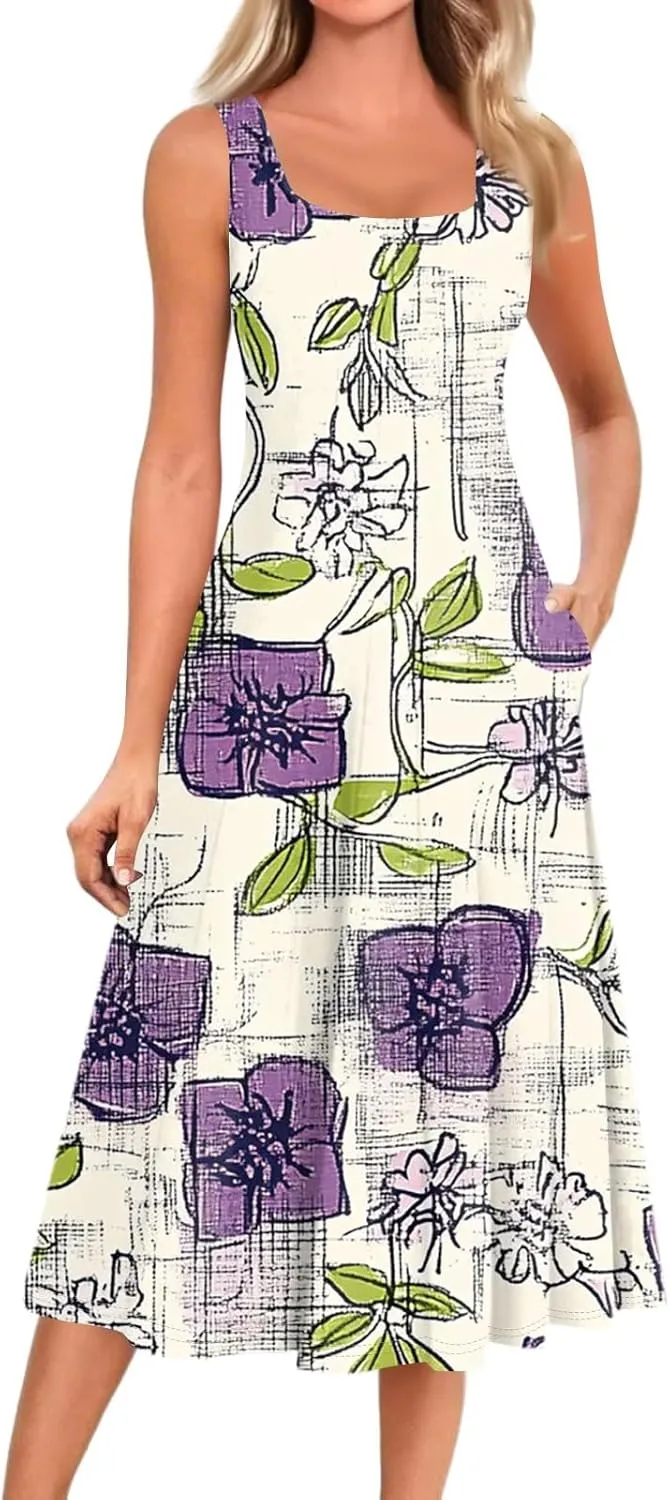 Summer Dresses for Women 2025 Midi Short Sleeve O Neck Sleeveless Dresses Beach Sundress A Line Dress with Side Pocket