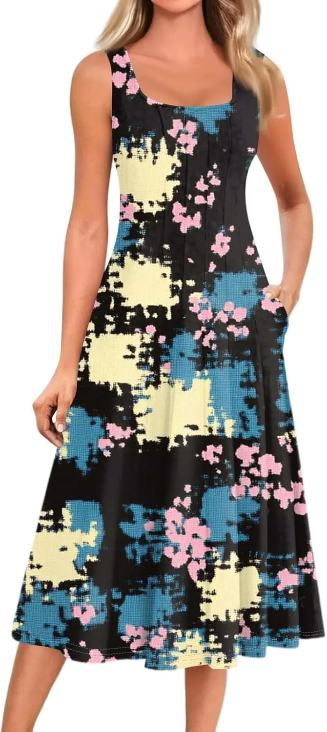 Summer Dresses for Women 2025 Midi Short Sleeve O Neck Sleeveless Dresses Beach Sundress A Line Dress with Side Pocket
