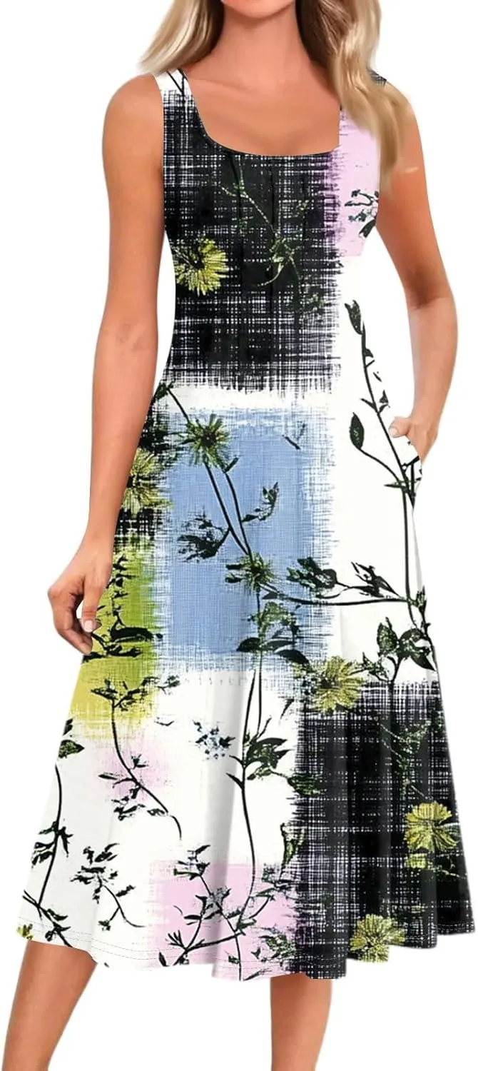 Summer Dresses for Women 2025 Midi Short Sleeve O Neck Sleeveless Dresses Beach Sundress A Line Dress with Side Pocket