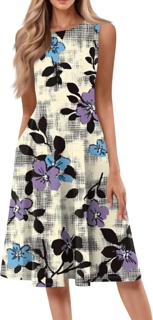 Summer Dresses for Women 2025 Midi Short Sleeve O Neck Sleeveless Dresses Beach Sundress A Line Dress with Side Pocket