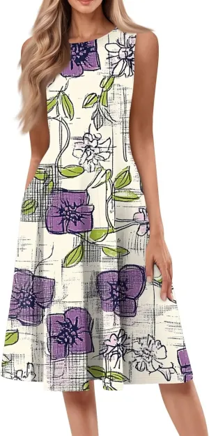 Summer Dresses for Women 2025 Midi Short Sleeve O Neck Sleeveless Dresses Beach Sundress A Line Dress with Side Pocket