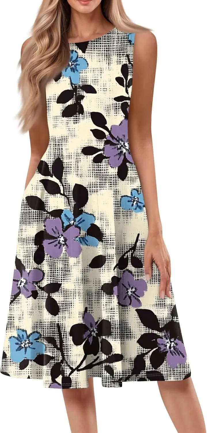 Summer Dresses for Women 2025 Midi Short Sleeve O Neck Sleeveless Dresses Beach Sundress A Line Dress with Side Pocket