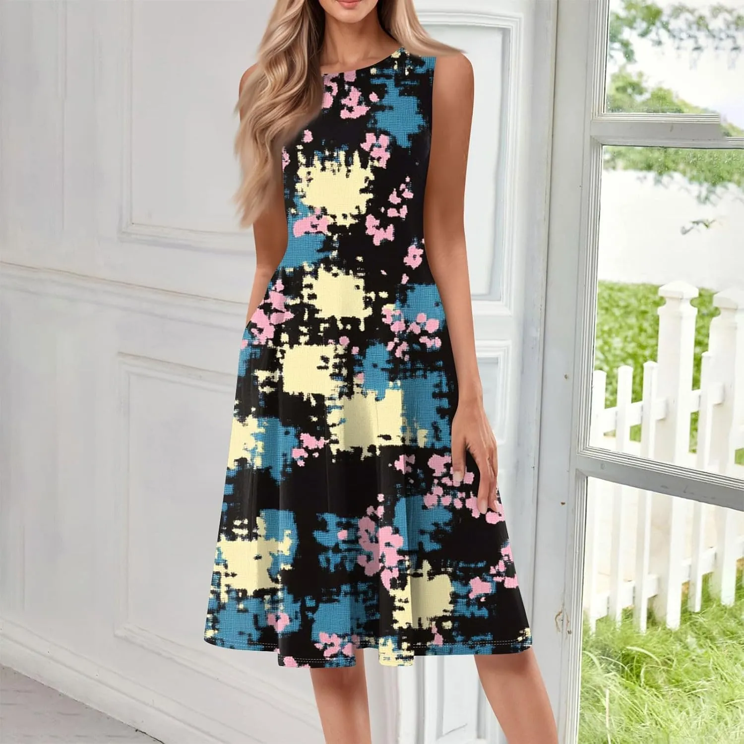 Summer Dresses for Women 2025 Midi Short Sleeve O Neck Sleeveless Dresses Beach Sundress A Line Dress with Side Pocket