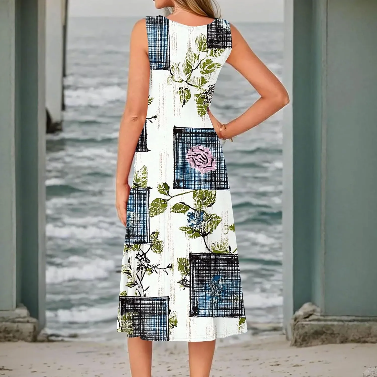 Summer Dresses for Women 2025 Midi Short Sleeve O Neck Sleeveless Dresses Beach Sundress A Line Dress with Side Pocket