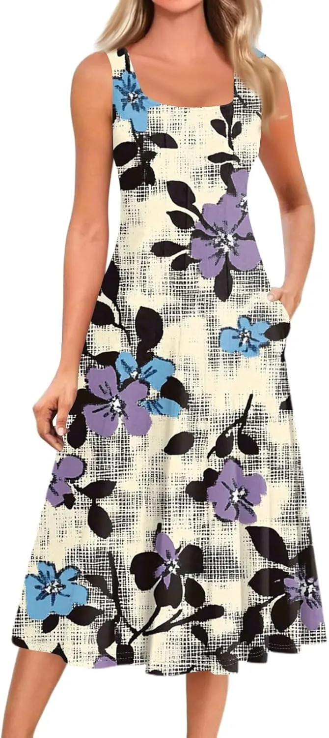 Summer Dresses for Women 2025 Midi Short Sleeve O Neck Sleeveless Dresses Beach Sundress A Line Dress with Side Pocket